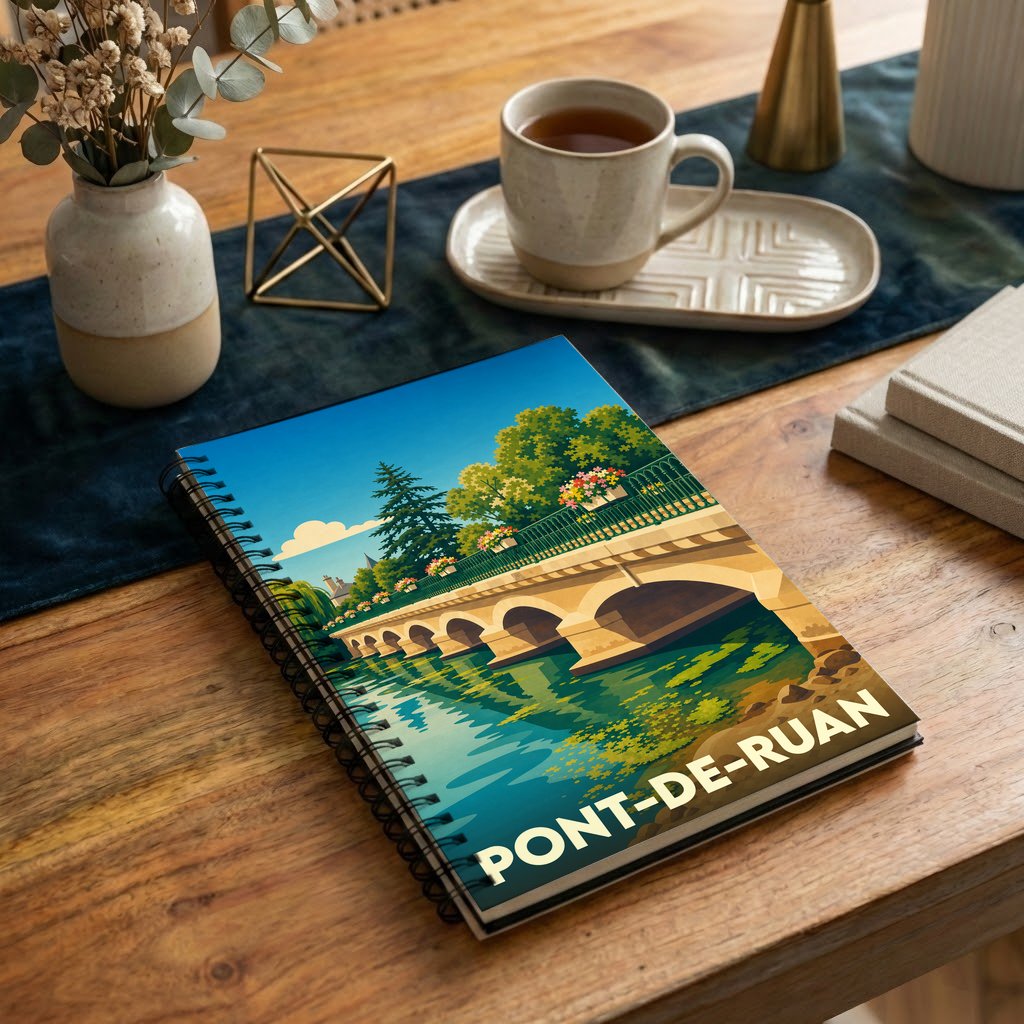 Carnet de notes souvenir de la ville de Pont-de-Ruan avec une illustration stylisée de son pont.