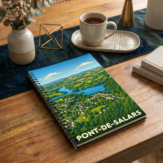 Carnet souvenir de la ville de Pont-de-Salars avec une illustration stylisée de son paysage vallonné et de son lac.