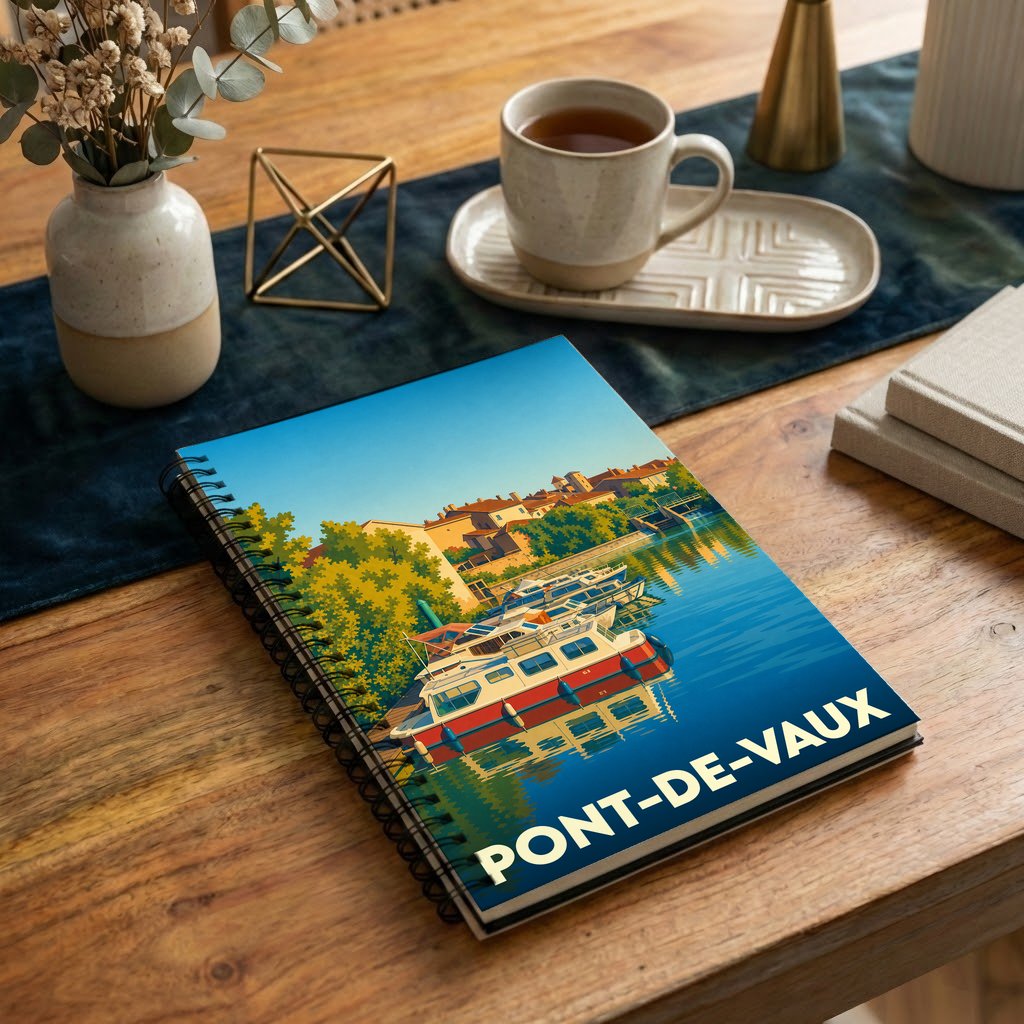 Carnet à spirales souvenir de la ville de Pont-de-Vaux orné d'une illustration stylisée de son port.