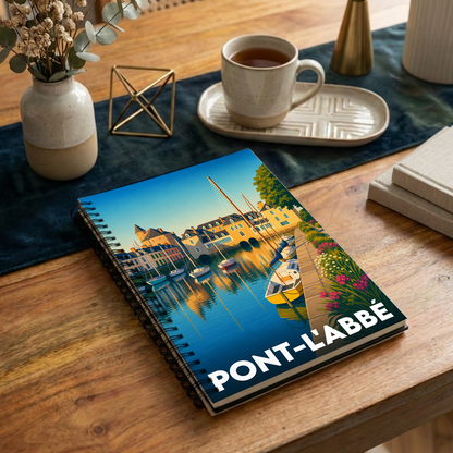 Carnet de notes à spirales souvenir de Pont-l'Abbé illustrant son port avec un style graphique coloré.