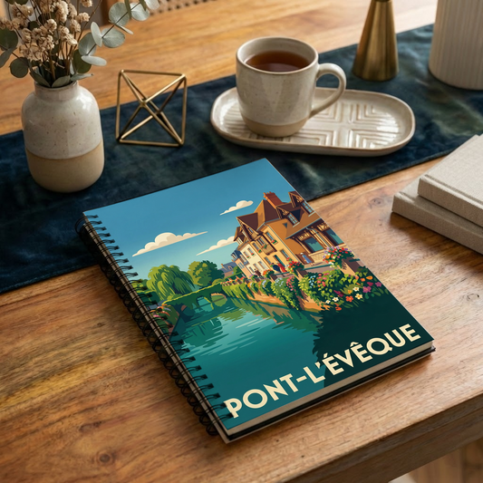 Carnet souvenir de la ville de Pont-l'Évêque avec une illustration stylisée de ses maisons à colombages au bord de l'eau.