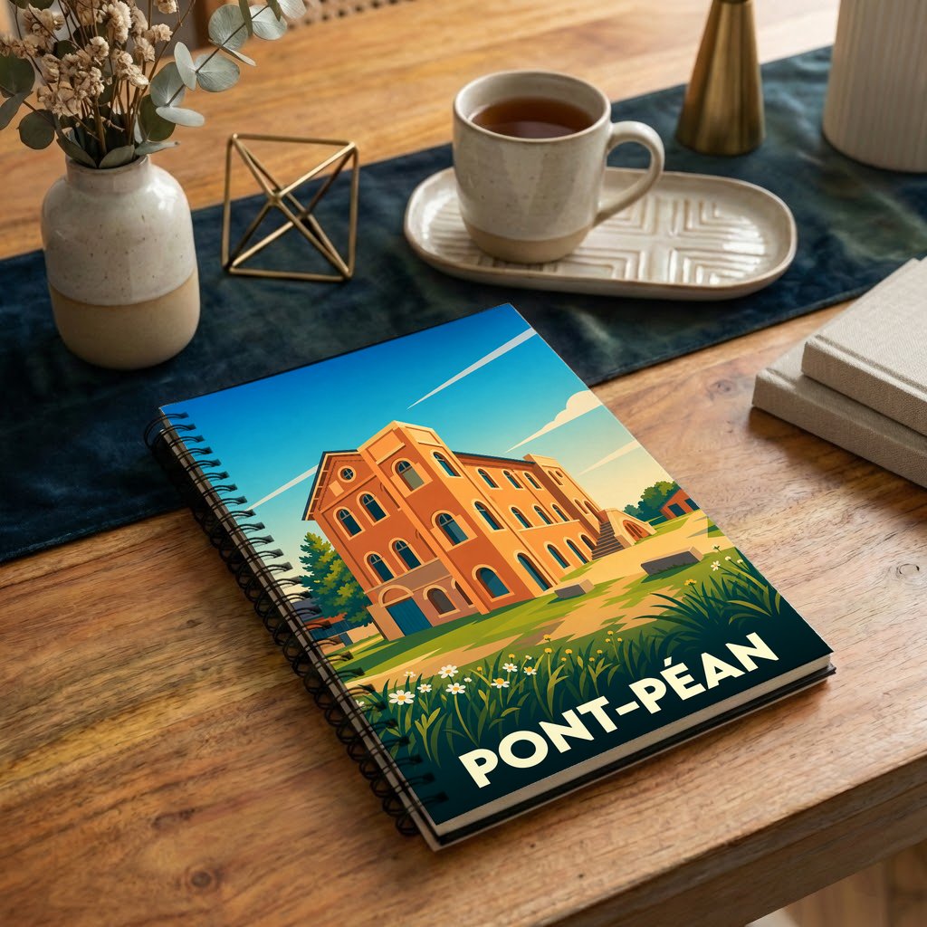 Carnet à spirales souvenir de Pont-Péan illustré d'un bâtiment historique dans un style graphique épuré.