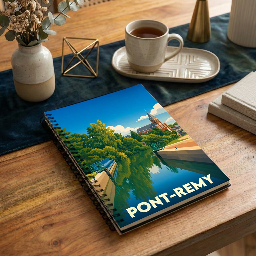 Carnet de notes souvenir de la ville de Pont-Remy avec une illustration stylisée de ses paysages.