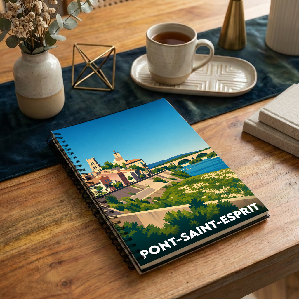 Carnet souvenir de la ville de Pont-Saint-Esprit avec une illustration stylisée.