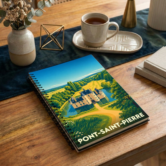 Carnet à spirale souvenir de la ville de Pont-Saint-Pierre avec une illustration stylisée de son château.
