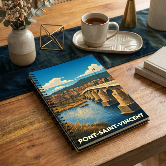 Carnet à spirales souvenir de la ville de Pont-Saint-Vincent avec une illustration stylisée de son pont.