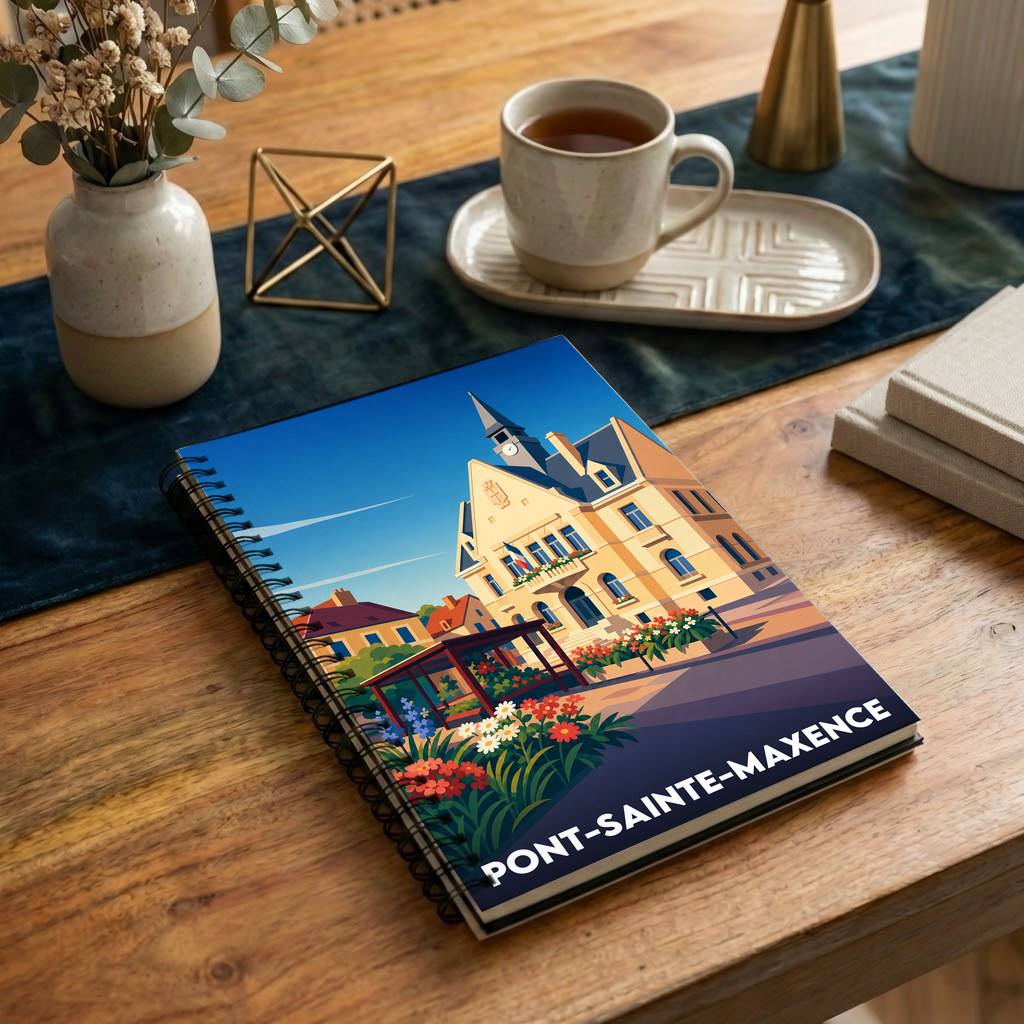 Carnet souvenir de la ville de Pont-Sainte-Maxence avec une illustration stylisée de son hôtel de ville.