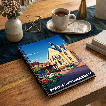 Carnet souvenir de la ville de Pont-Sainte-Maxence avec une illustration stylisée de son hôtel de ville.