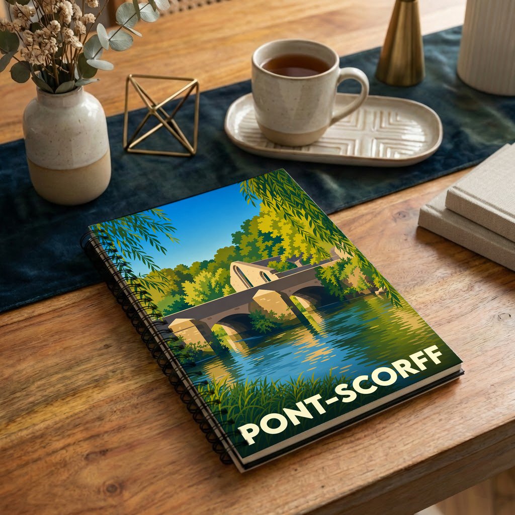 Carnet de notes souvenir de la ville de Pont-Scorff avec une illustration stylisée de son pont historique.