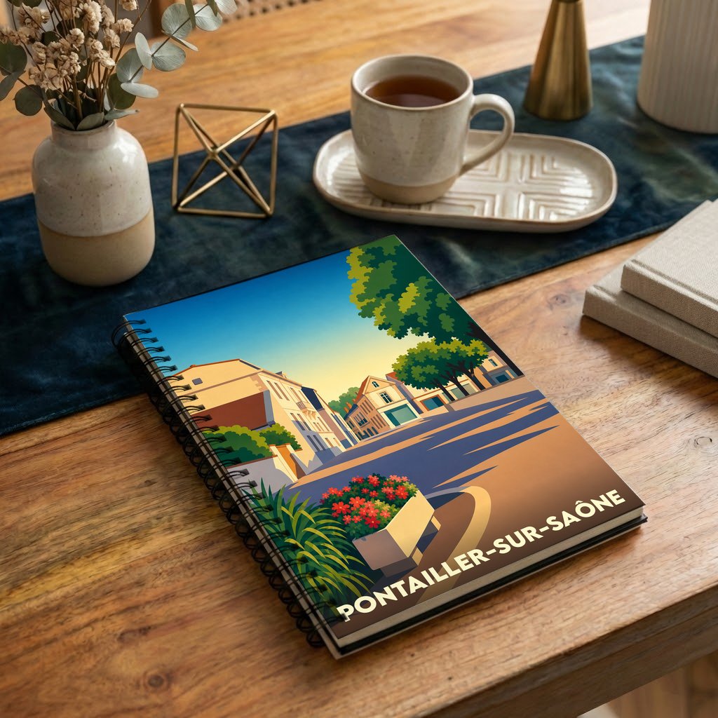 Carnet à spirale souvenir de la ville de Pontailler-sur-Saône avec une illustration stylisée.