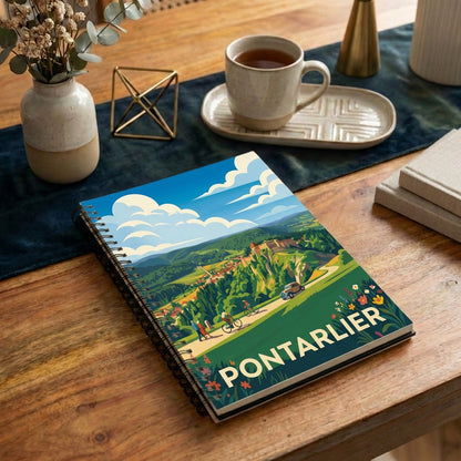 Carnet souvenir de la ville de Pontarlier avec une illustration stylisée de son paysage.