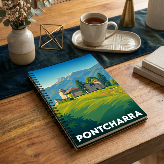 Carnet souvenir de la ville de Pontcharra avec une illustration stylisée d'un paysage de montagne et d'un château.