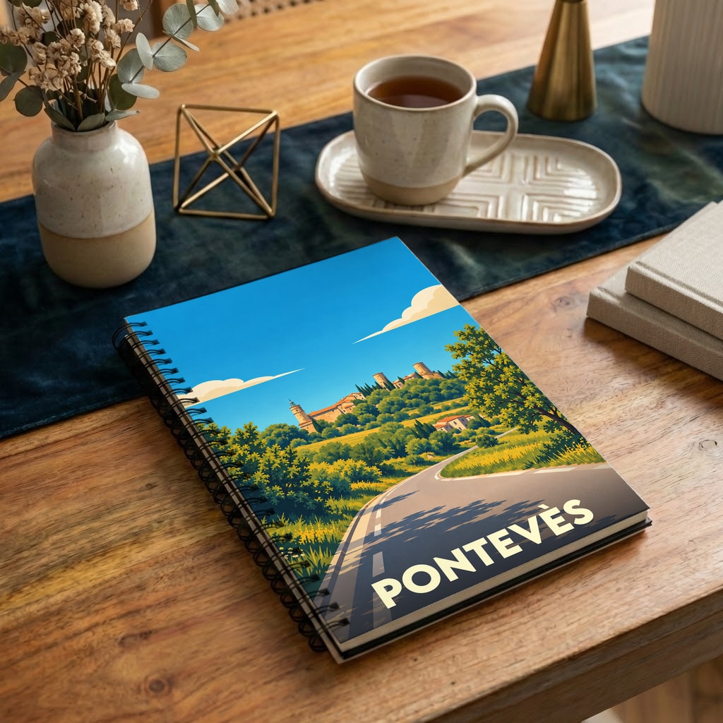 Carnet à spirales souvenir de la ville de Pontevès avec une illustration stylisée de son paysage provençal.