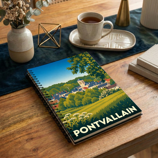 Carnet souvenir de la ville de Pontvallain illustré d'un paysage champêtre stylisé.
