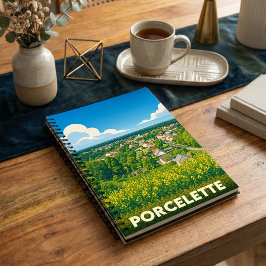 Carnet souvenir de la ville de Porcelette orné d'une illustration paysagère stylisée.