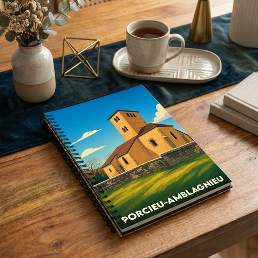 Carnet souvenir de la ville de Porcieu-Amblagnieu avec une illustration stylisée de son église.