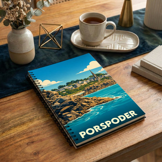 Carnet de notes à spirales souvenir de Porspoder avec une illustration stylisée de son littoral rocheux et de son église.