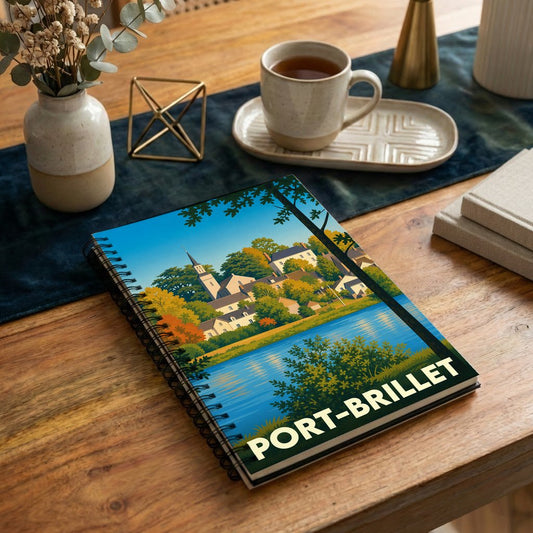 Carnet à spirales souvenir de la ville de Port-Brillet avec une illustration stylisée de son paysage.