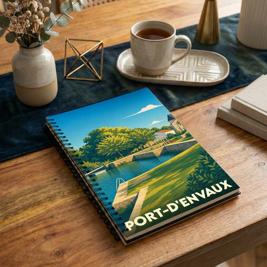 Carnet souvenir de la ville de Port-d'Envaux avec une illustration stylisée de ses bords de Charente.