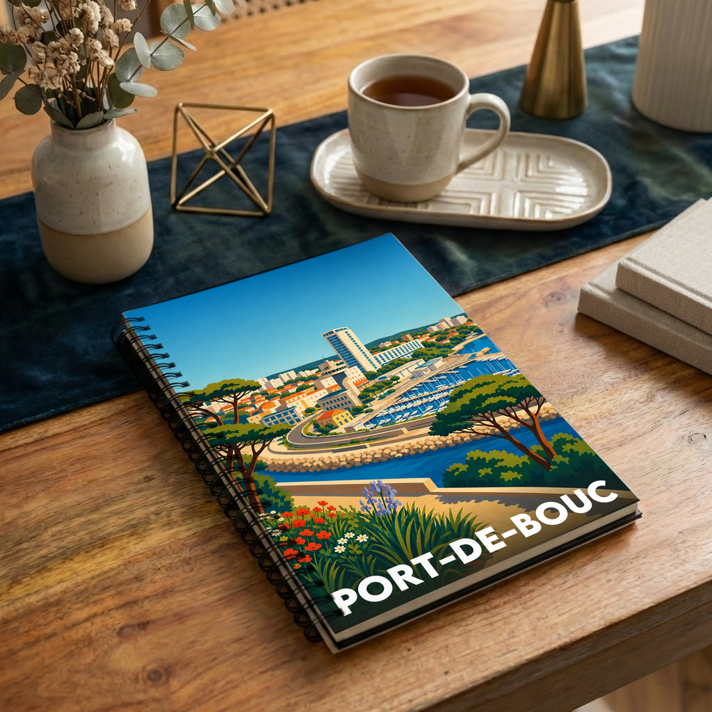 Carnet souvenir de la ville de Port-de-Bouc avec une illustration stylisée de son paysage urbain et maritime.