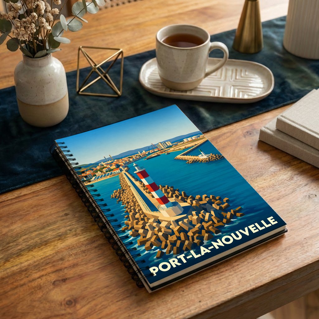 Carnet à spirales souvenir de Port-la-Nouvelle orné d'une illustration stylisée de son phare et de son port.