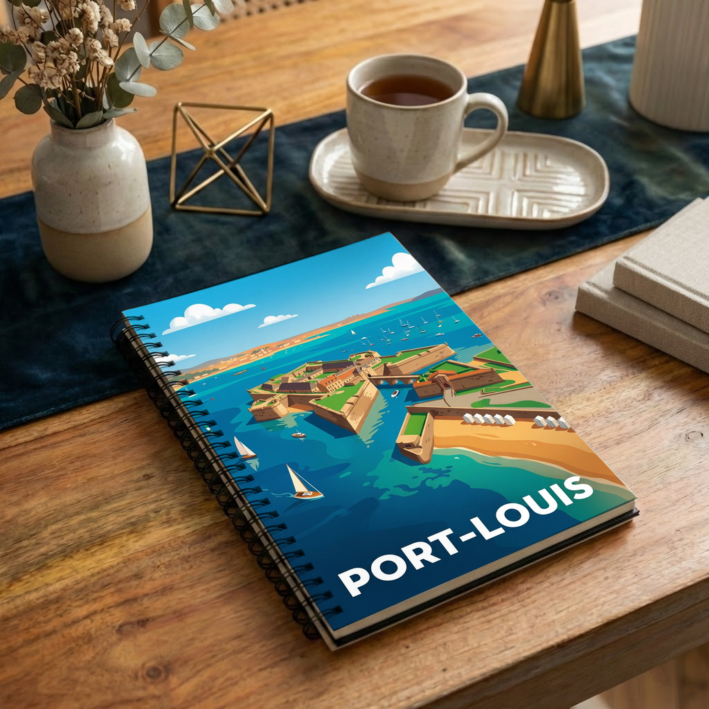 Carnet souvenir de la ville de Port-Louis avec une illustration stylisée de son front de mer et de sa citadelle.