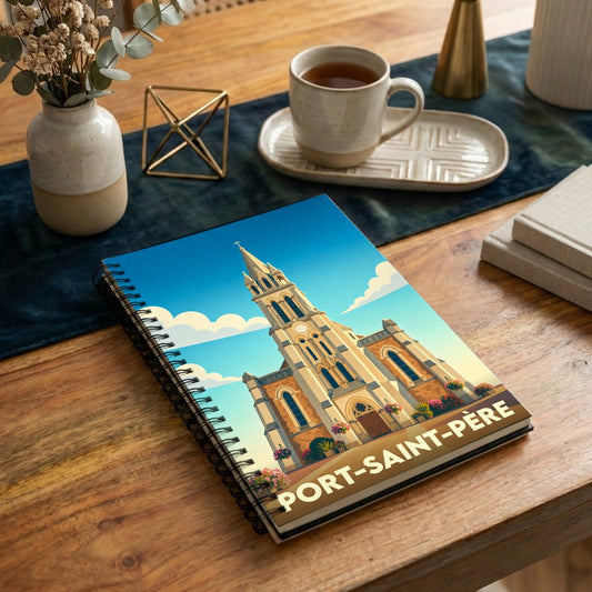 Carnet souvenir de la ville de Port-Saint-Père illustré d'une vue stylisée de son église sous un ciel bleu.