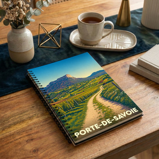 Carnet à spirales souvenir de Porte-de-Savoie illustré d'un paysage de vignobles et de montagnes.