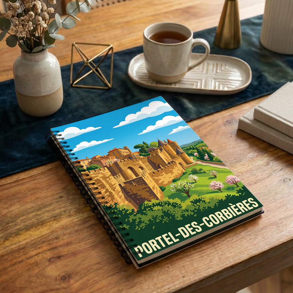 Carnet souvenir de la ville de Portel-des-Corbières avec une illustration stylisée de son patrimoine fortifié.