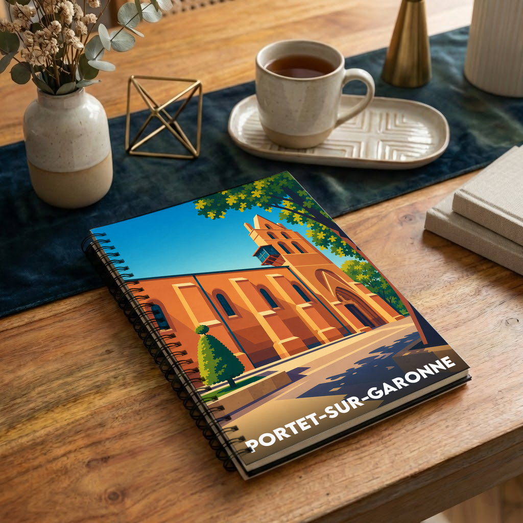Carnet souvenir de la ville de Portet-sur-Garonne avec une illustration stylisée de son église.