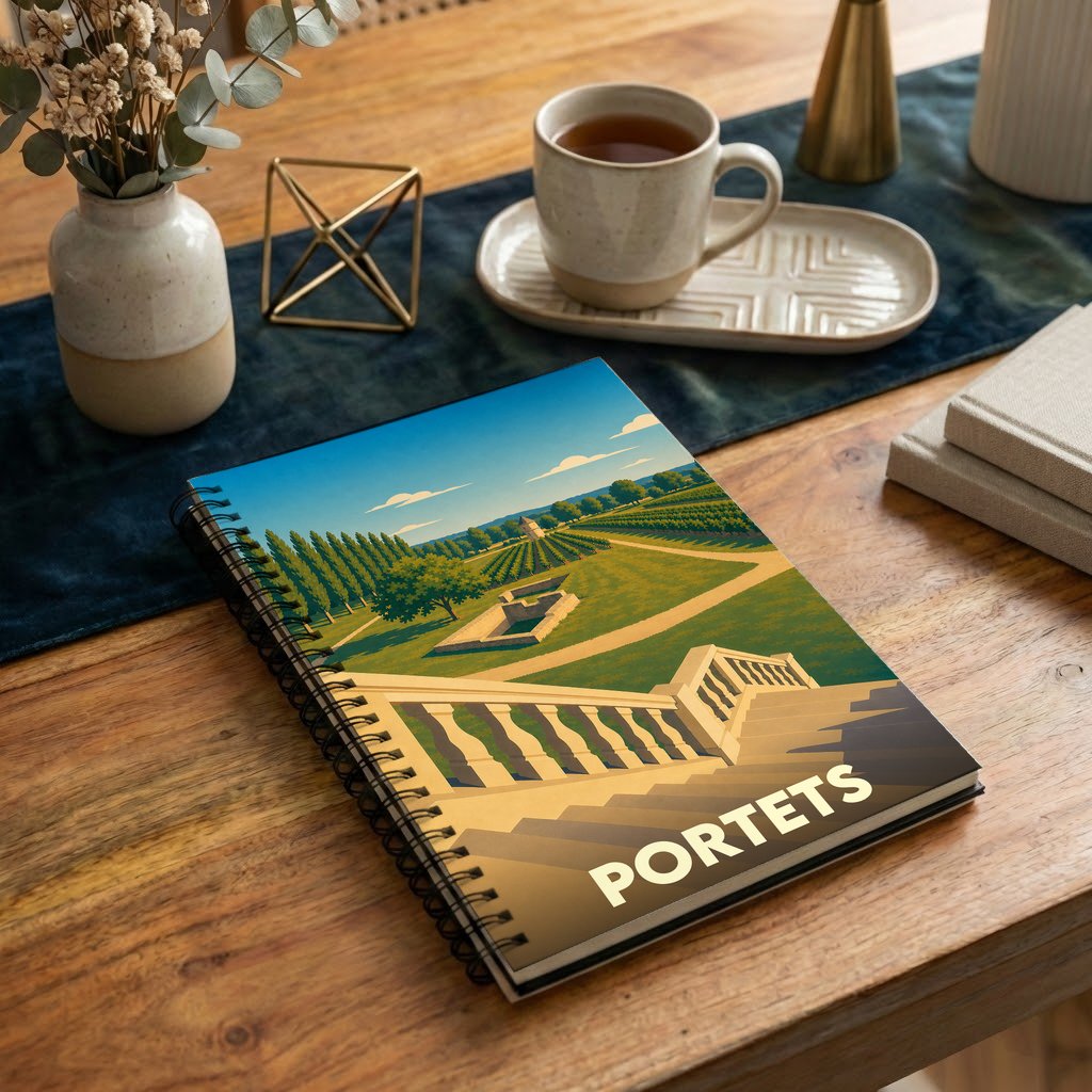 Carnet à spirales souvenir de la ville de Portets avec une illustration stylisée de vignobles et d'un escalier de pierre.