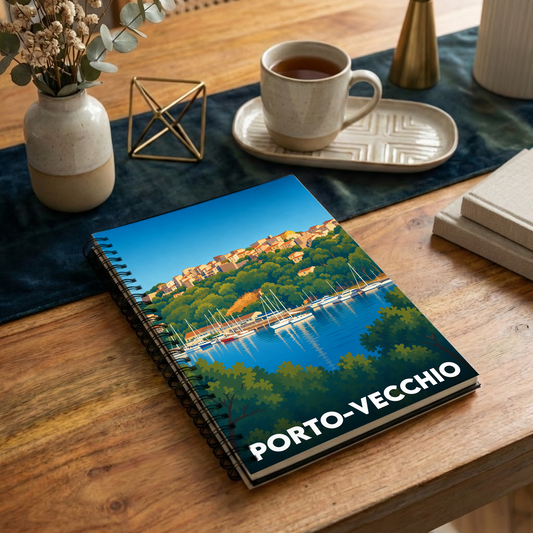 Carnet souvenir à spirales de la ville de Porto-Vecchio orné d'une illustration stylisée de son port et de sa vieille ville.