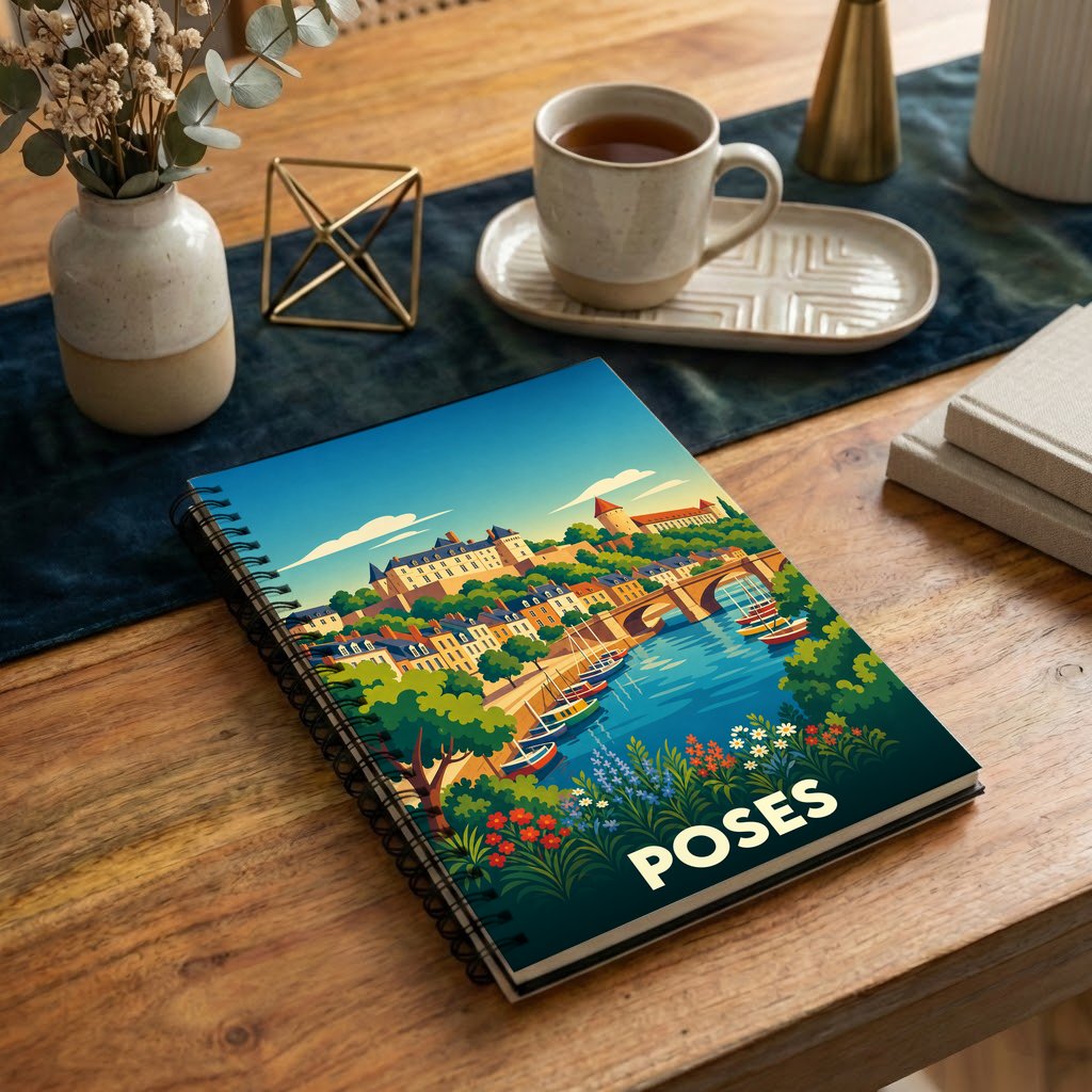 Carnet souvenir de la ville de Poses avec une illustration stylisée et colorée.