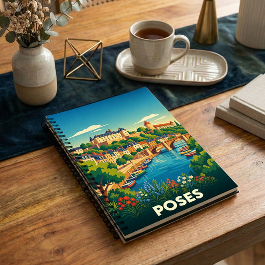 Carnet souvenir de la ville de Poses avec une illustration stylisée et colorée.