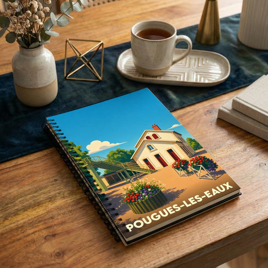 Carnet souvenir de la ville de Pougues-les-Eaux avec une illustration stylisée.