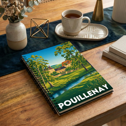 Carnet souvenir de la ville de Pouillenay avec une illustration de paysage stylisée.
