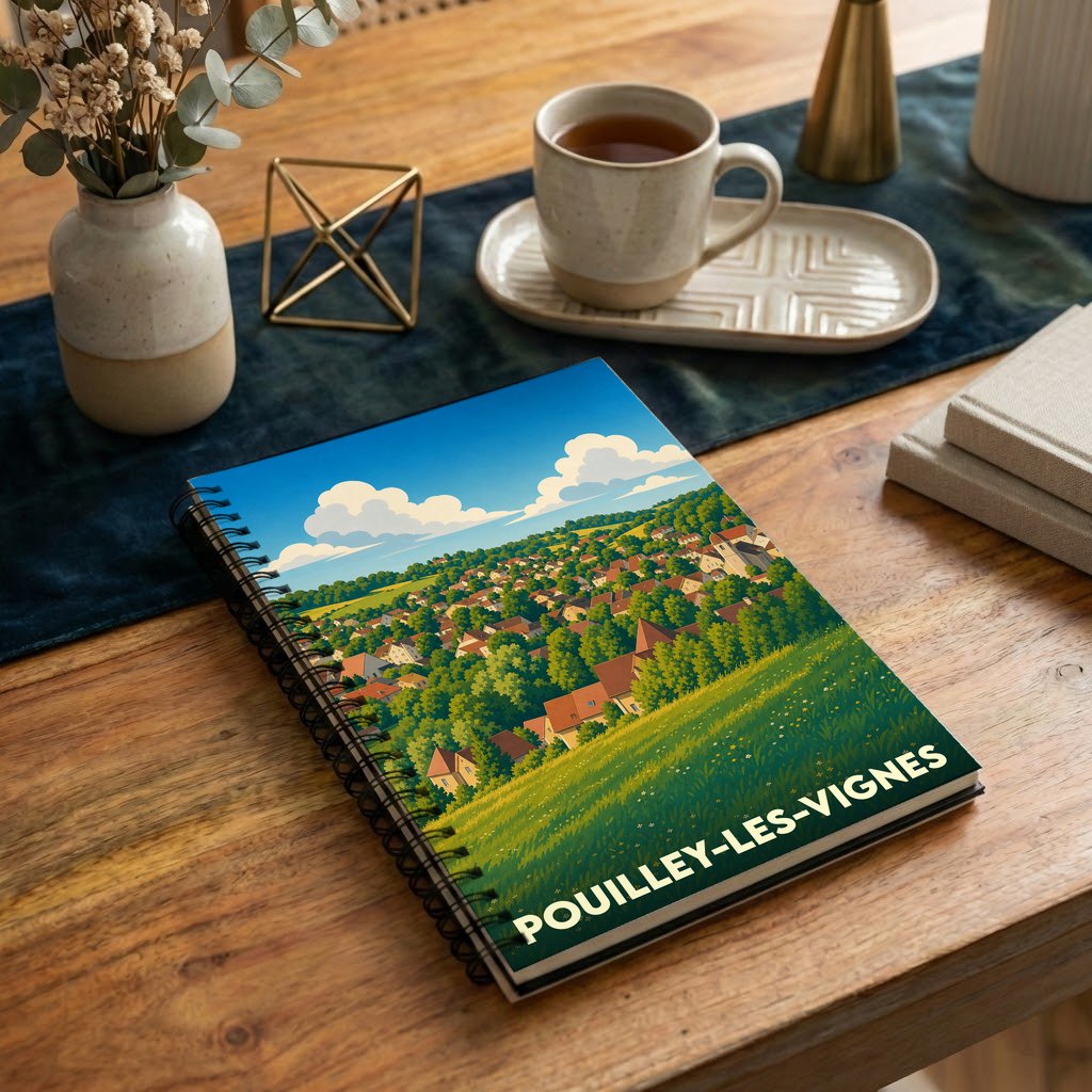 Carnet à spirale souvenir de la ville de Pouilley-les-Vignes avec une illustration stylisée d'un paysage vallonné.