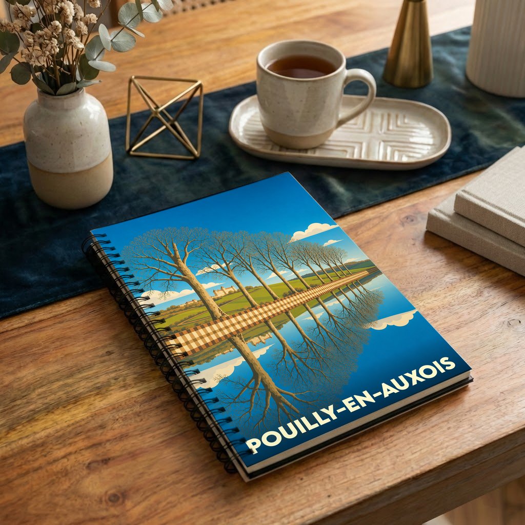 Carnet souvenir de la ville de Pouilly-en-Auxois avec une illustration stylisée reflétant ses paysages sur l'eau.