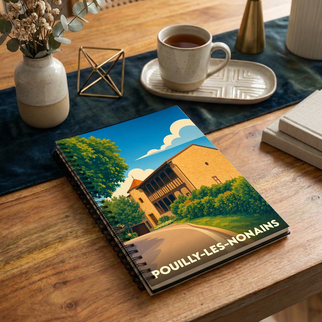 Carnet souvenir de la ville de Pouilly-les-Nonains avec une illustration stylisée d'un bâtiment historique.