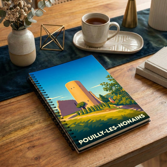Carnet souvenir de la ville de Pouilly-les-Nonains avec une illustration stylisée de son patrimoine.