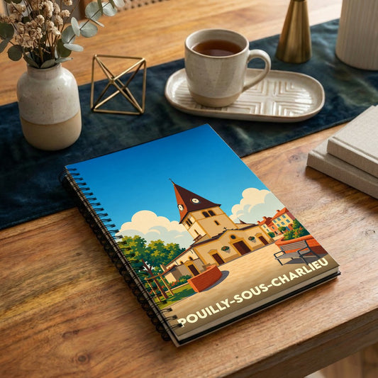 Carnet à spirales souvenir de la ville de Pouilly-sous-Charlieu avec une illustration stylisée de son église.