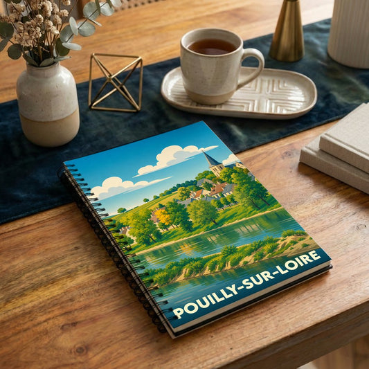 Carnet de notes à spirales souvenir de la ville de Pouilly-sur-Loire avec une illustration stylisée des bords de Loire.
