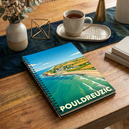 Carnet souvenir à spirale de la ville de Pouldreuzic illustré d'un paysage côtier stylisé.