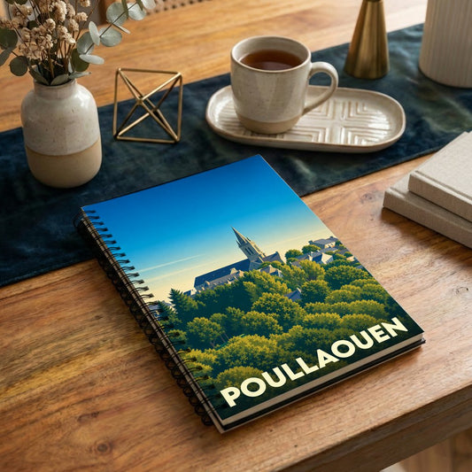 Carnet souvenir de la ville de Poullaouen avec une illustration stylisée d'un paysage urbain arboré.