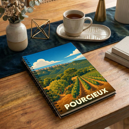 Carnet de notes à spirales souvenir de la ville de Pourcieux avec une illustration stylisée de paysages provençaux.