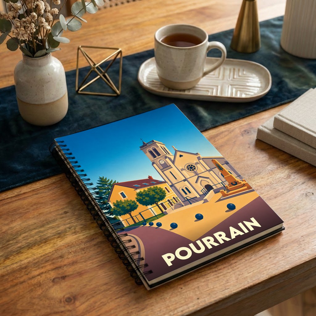 Carnet souvenir de la ville de Pourrain avec une illustration stylisée de son église.