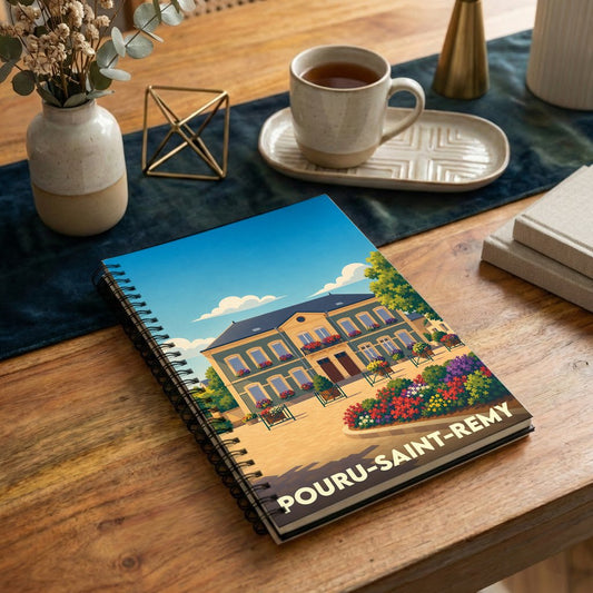 Carnet à spirales souvenir de la ville de Pouru-Saint-Remy avec une illustration stylisée.