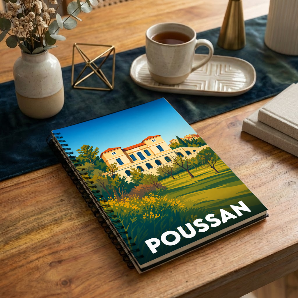 Carnet souvenir de la ville de Poussan avec une illustration stylisée d'une bastide ensoleillée.