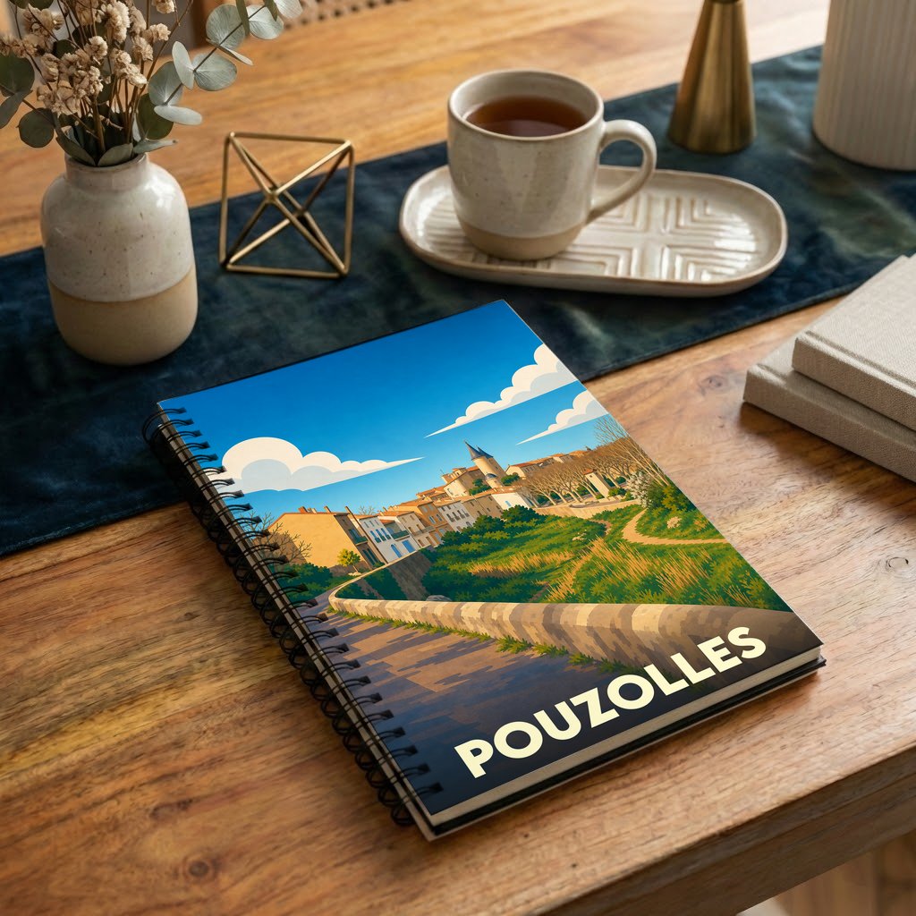 Carnet souvenir de la ville de Pouzolles avec une illustration stylisée.