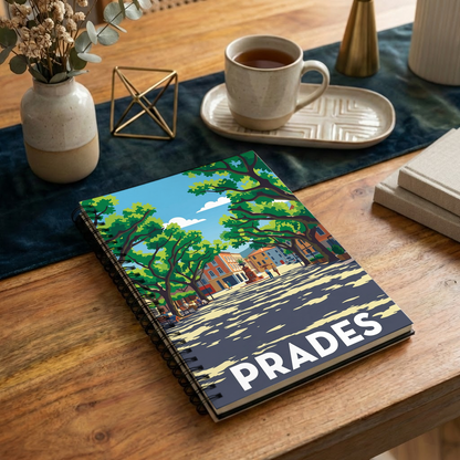 Carnet souvenir de la ville de Prades avec une illustration stylisée d'une place arborée.